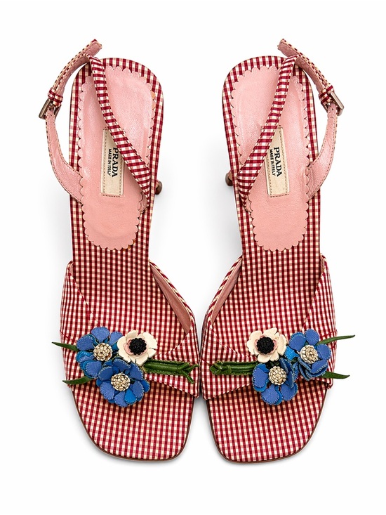 Prada Shoes - Prada Vintage 2000s Gingham Floral Appliqué Slingback Heels 37.5 Red Kitten Heel